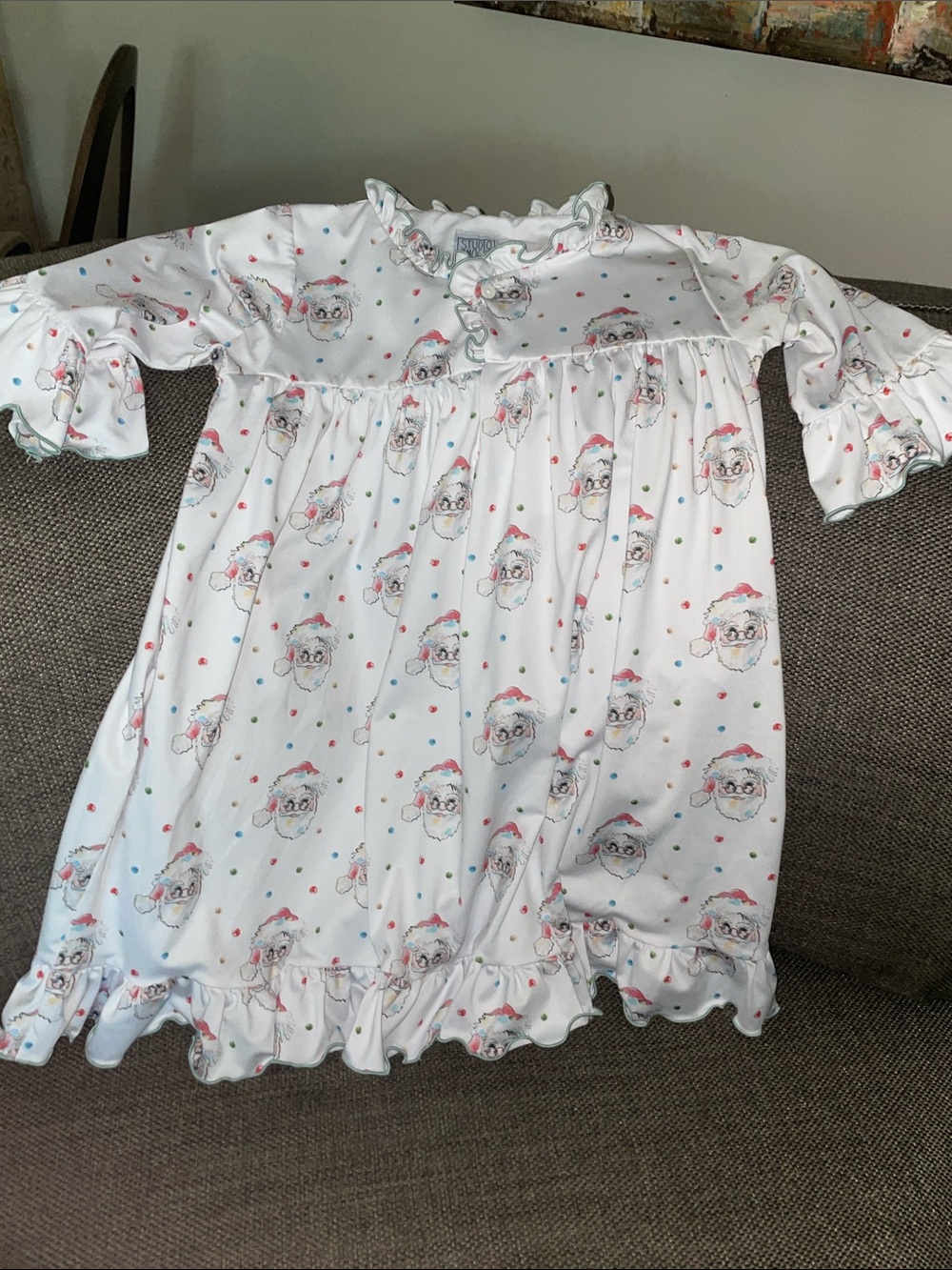Studio Smocks White Santa Print Ruffle Nightgown with Red and Blue Accents